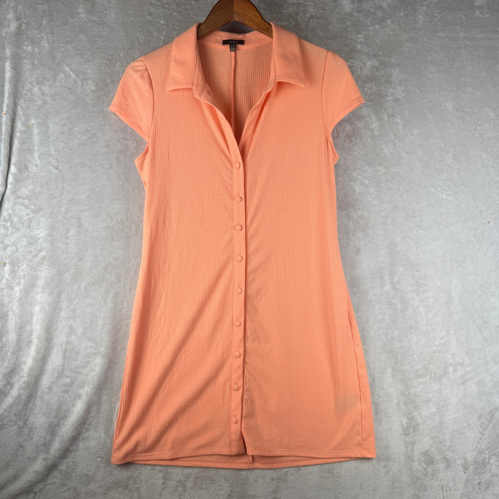 Afrm Peach Ribbed Button Front Mini Dress Collared Cap Sleeve Womens Large